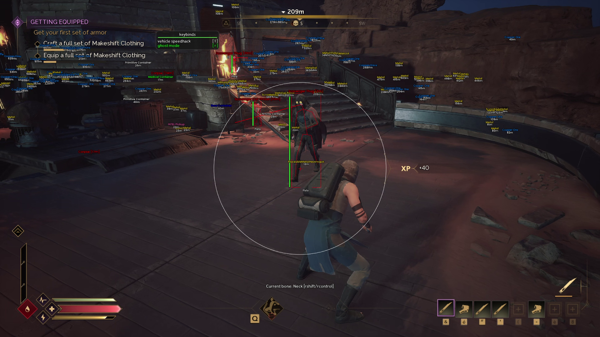 Dune Awakening ESP overlay: item labels through terrain with bone aim enabled during the Getting Equipped quest