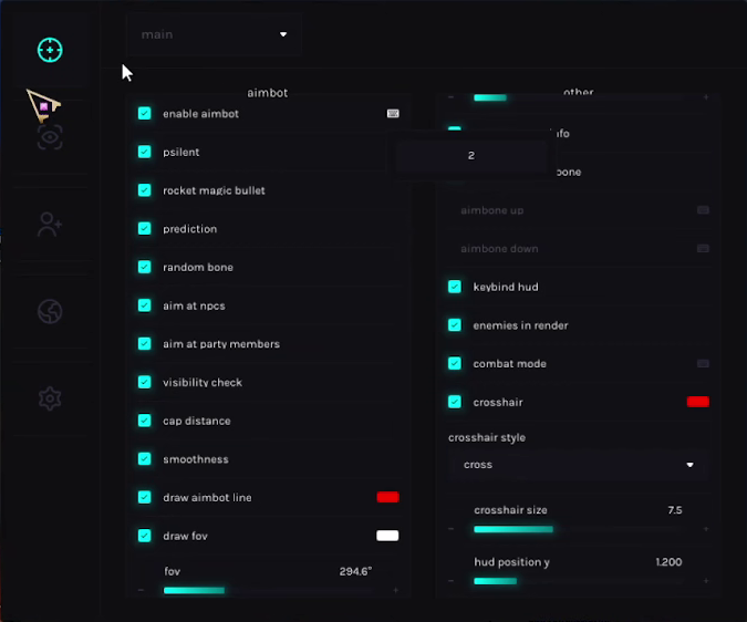 Dune Awakening aimbot cheat menu: psilent, rocket magic bullet, prediction, random bone, aim at NPCs, visibility check, smoothness, FOV circle and keybind HUD