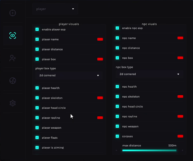 Dune Awakening ESP cheat menu: player and NPC columns with name, distance, 2D cornered boxes, health, skeleton, head circle, rayline, weapon and corpse ESP to 500m