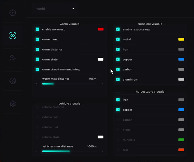 Dune Awakening cheat menu: player and miscellaneous options tab of the Nebula overlay