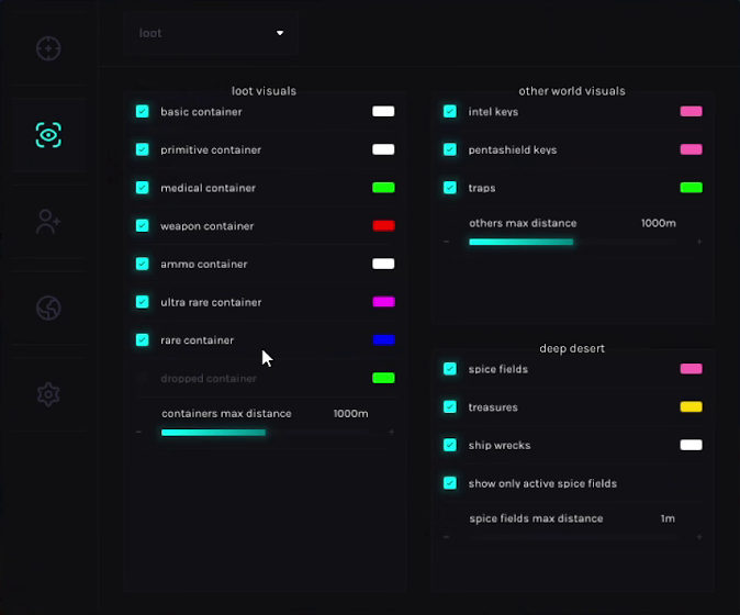 Dune Awakening loot ESP menu: visuals tab with container and item highlighting options