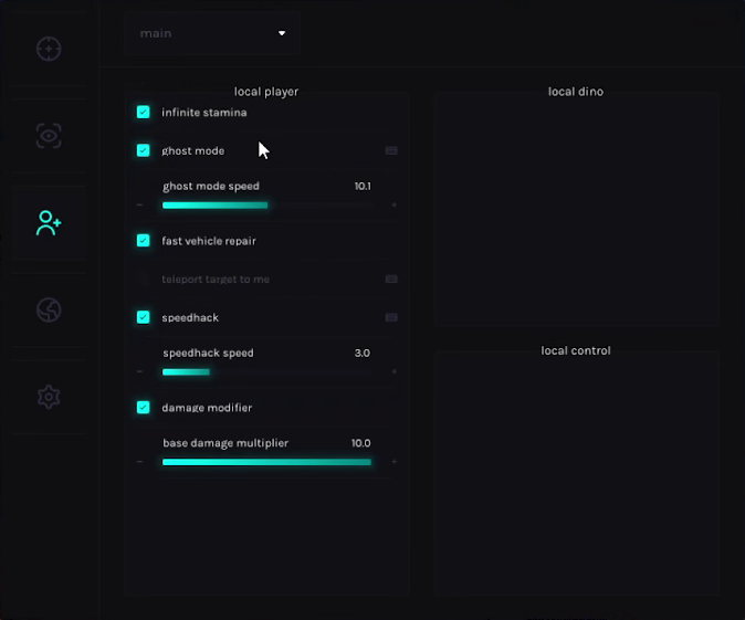 Dune Awakening cheat menu: player and misc settings with distance and filter options
